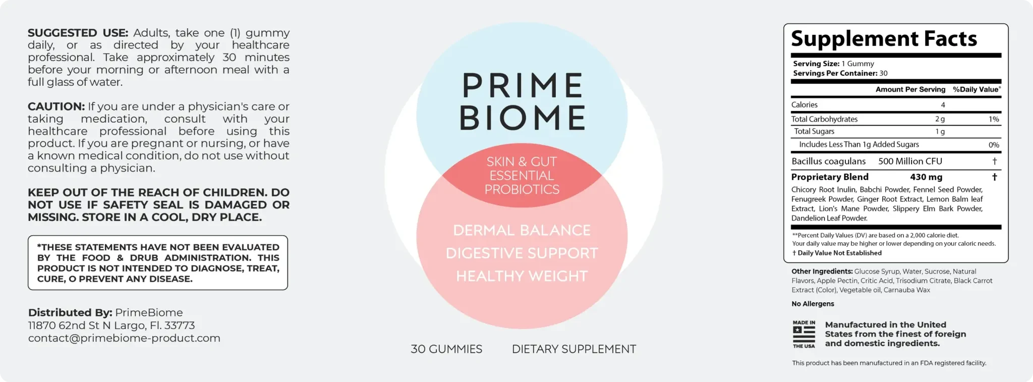 PrimeBiome supplement facts and back label